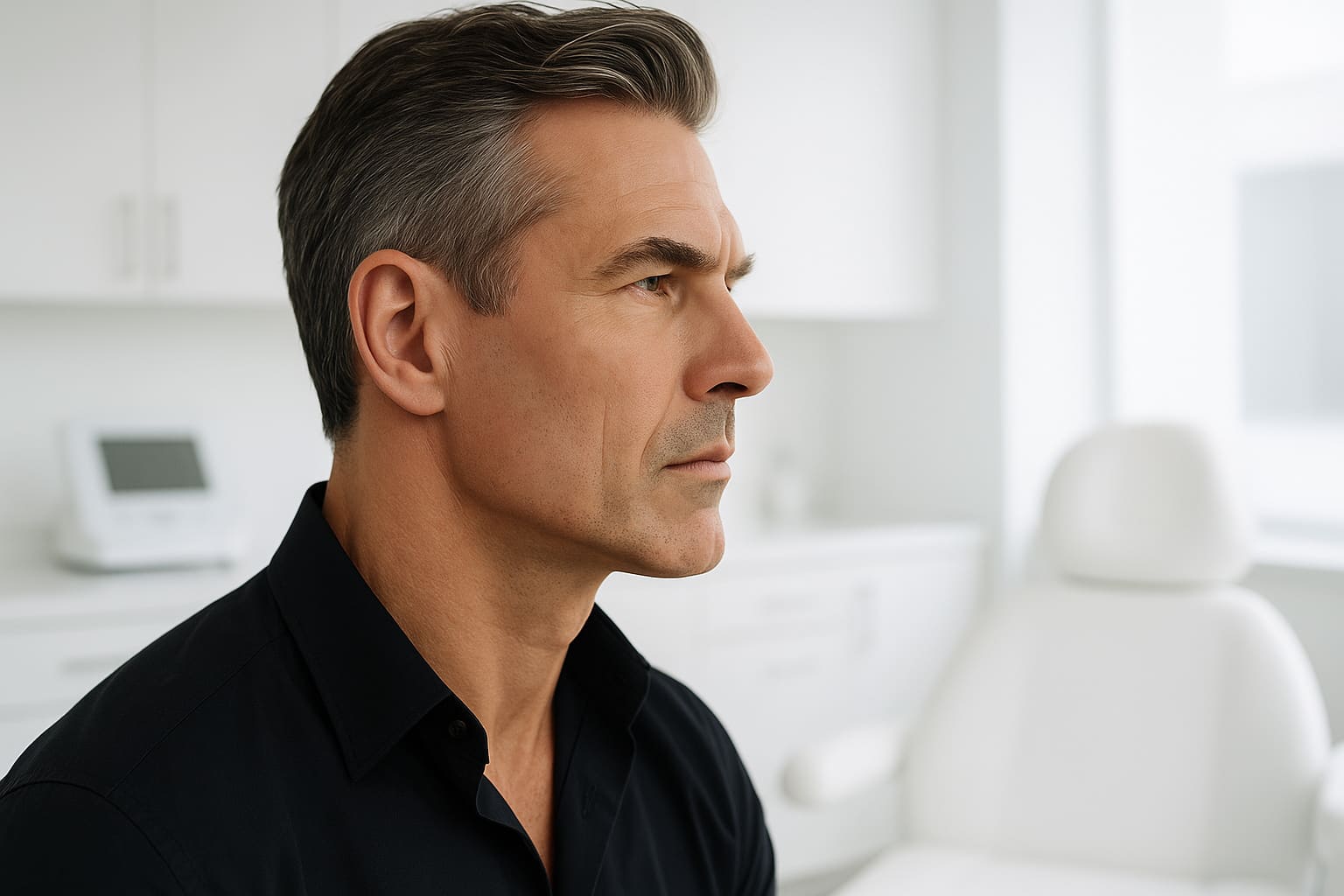 Provider assessing masculine jawline and chin anatomy before structural filler placement