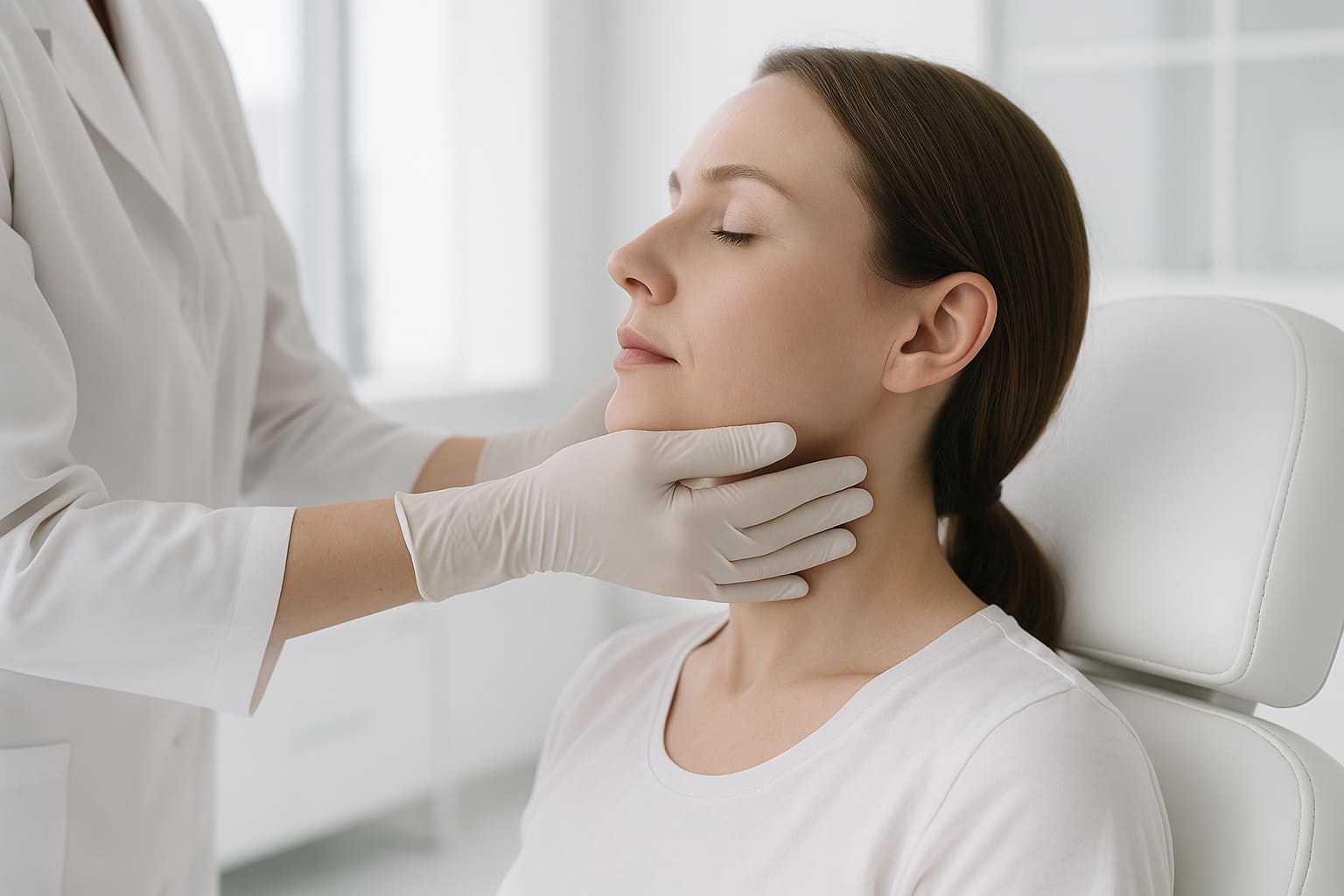 Provider assessing the face, jaw, and neck as a connected rejuvenation system