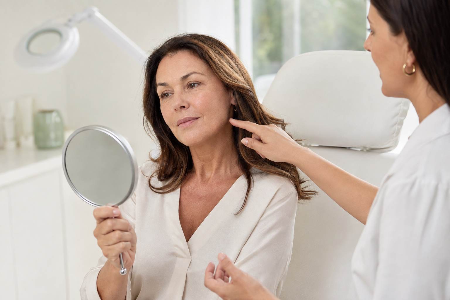 Adult patient discussing facial skin quality during a clinical consultation